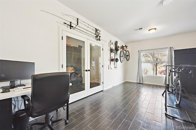 office with baseboards, french doors, visible vents, and wood tiled floor