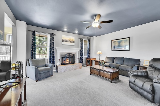 41479 Countryside Cir, Parker, CO 80138 - living area with ceiling fan, carpet flooring, and a high end fireplace