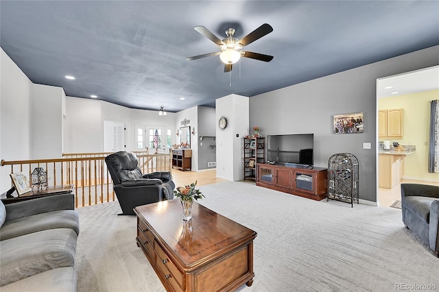 41479 Countryside Cir, Parker, CO 80138 - living area featuring a ceiling fan, light colored carpet, and recessed lighting