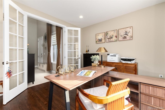 home office featuring wood-type flooring and french doors