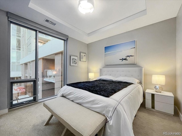 carpeted bedroom with a tray ceiling