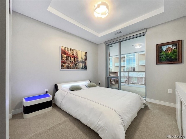 bedroom featuring carpet floors and a tray ceiling