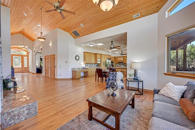 living room with light hardwood / wood-style flooring, high vaulted ceiling, a wealth of natural light, and wood ceiling