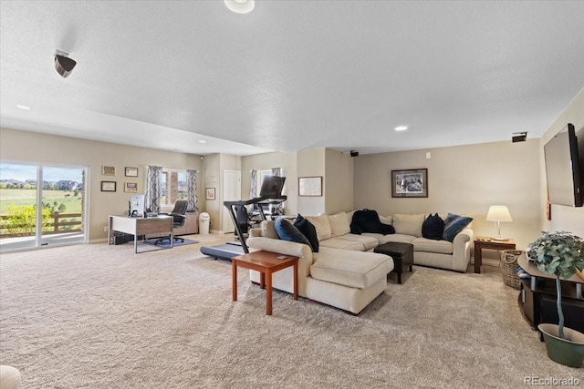 17102 W 85th Pl, Arvada, CO 80007 - living room featuring carpet floors, recessed lighting, and a textured ceiling