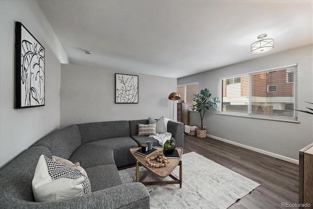 living area featuring wood finished floors and baseboards