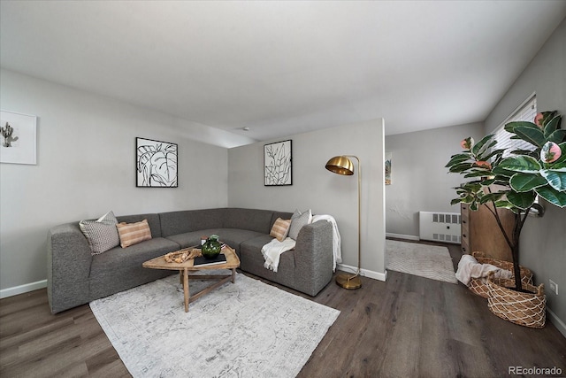 living room with heating unit, baseboards, and wood finished floors