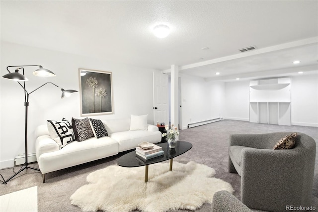 living room with carpet floors, a baseboard radiator, and a textured ceiling