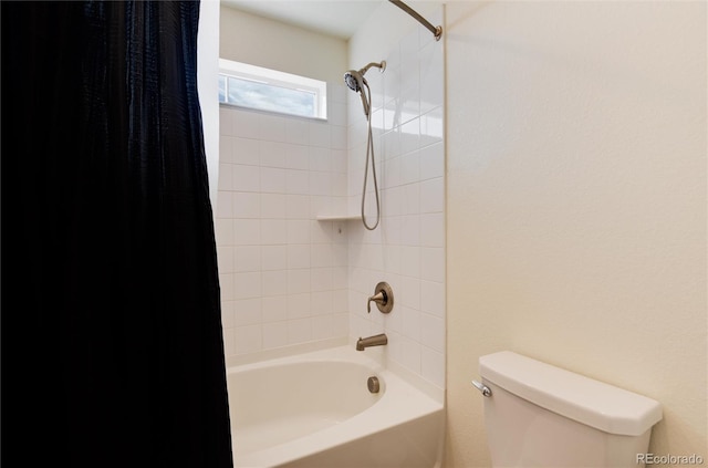 bathroom featuring toilet and shower / tub combo with curtain