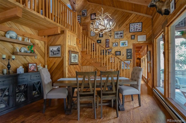 dining room featuring wood walls, baseboard heating, beamed ceiling, and hardwood / wood-style flooring