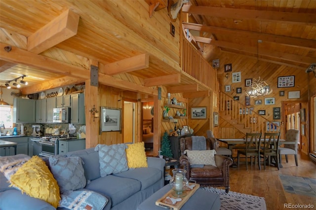 living room featuring wood-type flooring, wooden walls, and beamed ceiling