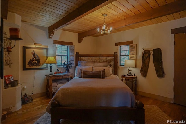 bedroom with beamed ceiling, wood ceiling, and hardwood / wood-style floors