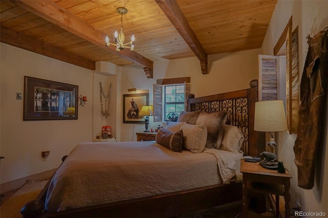 bedroom with an inviting chandelier, beamed ceiling, and wooden ceiling