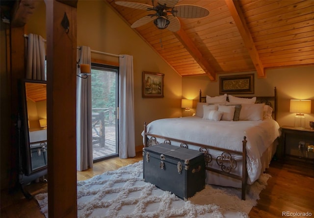 bedroom featuring vaulted ceiling with beams, access to outside, light hardwood / wood-style floors, and ceiling fan