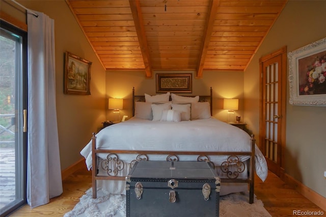 bedroom with wood ceiling, light wood-type flooring, vaulted ceiling with beams, and access to outside