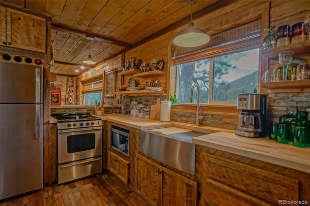 kitchen featuring appliances with stainless steel finishes, hanging light fixtures, wood walls, butcher block countertops, and dark hardwood / wood-style floors