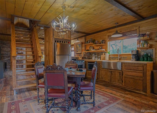 dining room featuring wood walls, sink, a chandelier, wooden ceiling, and dark hardwood / wood-style flooring