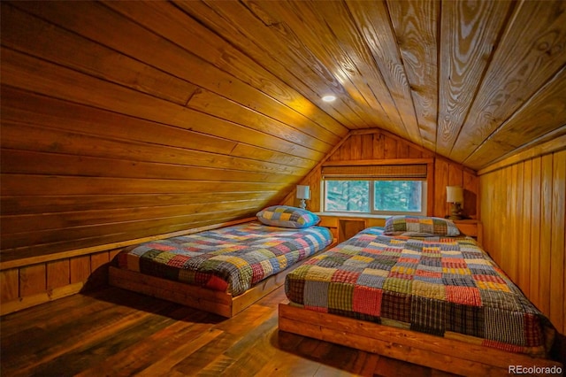 bedroom featuring vaulted ceiling, hardwood / wood-style flooring, wooden walls, and wood ceiling