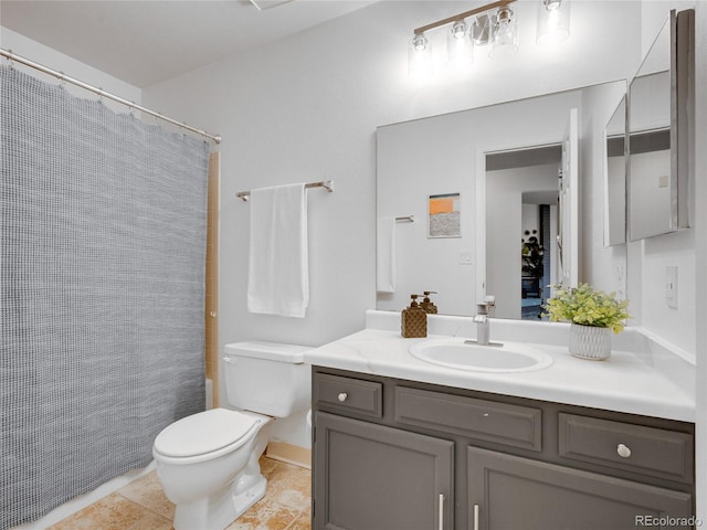 full bath with vanity, toilet, a shower with curtain, and tile patterned flooring