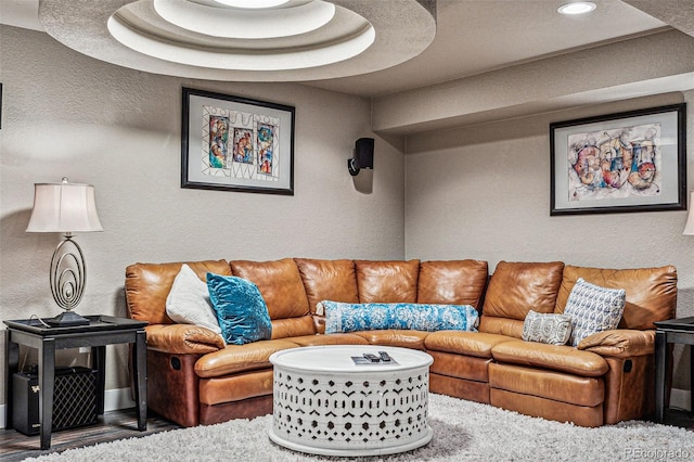 living room featuring a tray ceiling