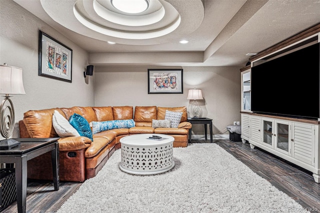 living room featuring a tray ceiling and dark hardwood / wood-style flooring