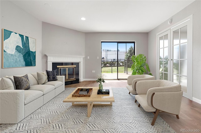 350 Detroit St Unit 107, Denver, CO 80206 - living area featuring wood finished floors, baseboards, and a fireplace with flush hearth