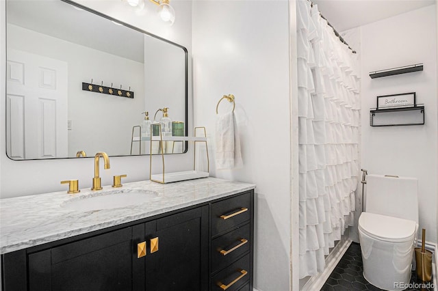 bathroom featuring baseboards, vanity, toilet, tile patterned flooring, and a shower with curtain