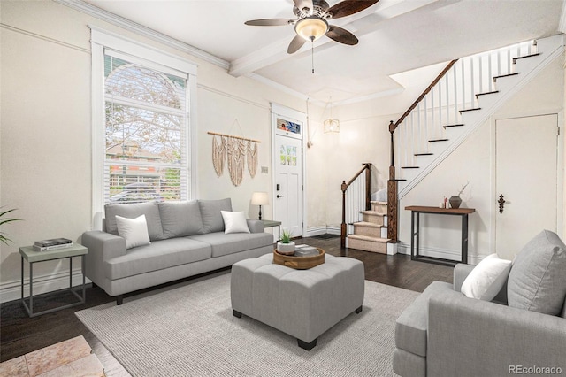 living area featuring stairs, wood finished floors, beam ceiling, a ceiling fan, and baseboards