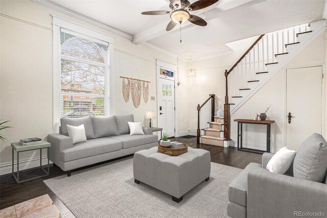 1020 Kalamath St, Denver, CO 80204 - living area with wood finished floors, stairway, plenty of natural light, beam ceiling, and ceiling fan