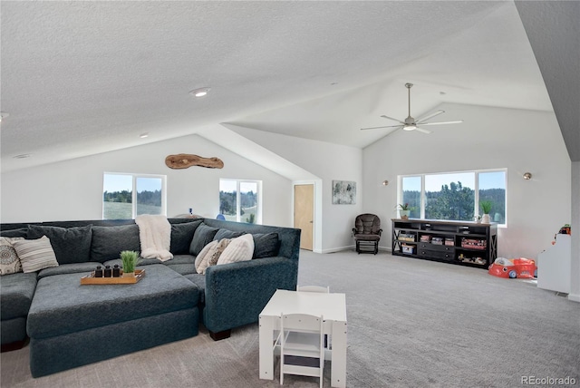 777 Deerview Dr, Florissant, CO 80816 - living room featuring lofted ceiling, carpet floors, plenty of natural light, ceiling fan, and a textured ceiling