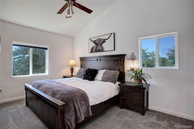 777 Deerview Dr, Florissant, CO 80816 - bedroom with baseboards, light colored carpet, high vaulted ceiling, and ceiling fan
