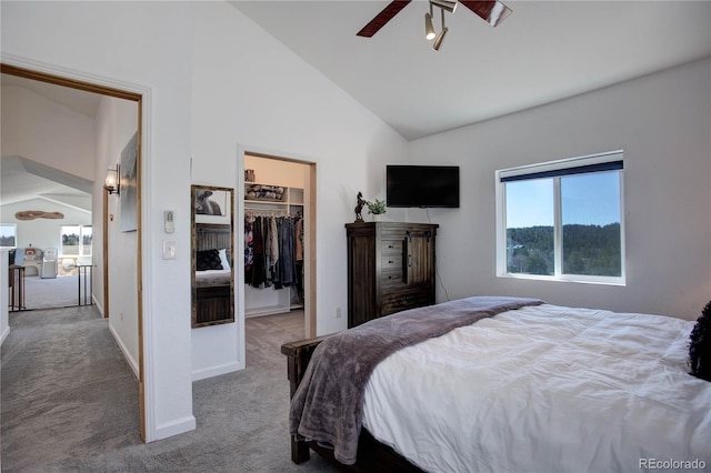 777 Deerview Dr, Florissant, CO 80816 - carpeted bedroom featuring a walk in closet, a closet, ceiling fan, and high vaulted ceiling
