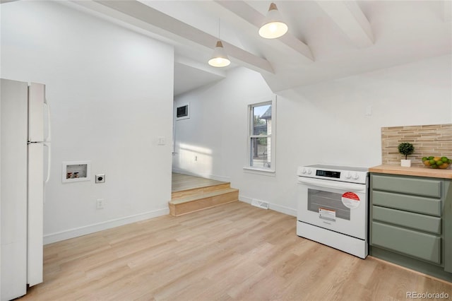 kitchen with wooden counters, white appliances, green cabinets, decorative light fixtures, and light hardwood / wood-style floors