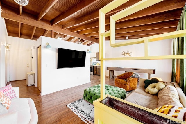 living area featuring wooden ceiling, wood finished floors, and vaulted ceiling with beams