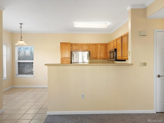 kitchen featuring decorative light fixtures, stainless steel appliances, a peninsula, light tile patterned flooring, and crown molding