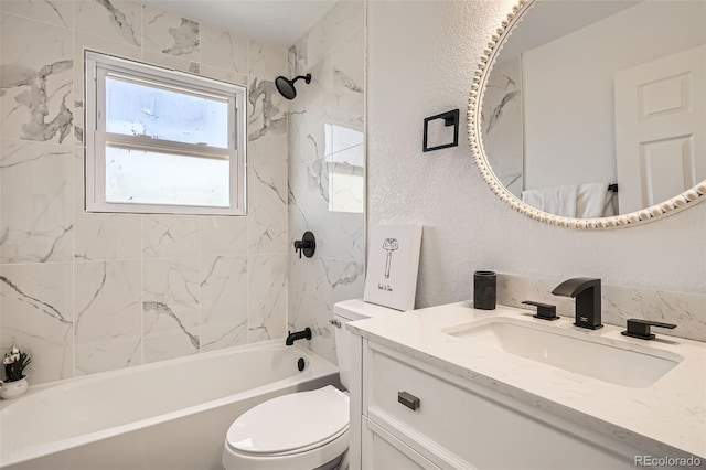 17979 E Oxford Pl, Aurora, CO 80013 - bathroom with vanity, toilet, tub / shower combination, and a textured wall