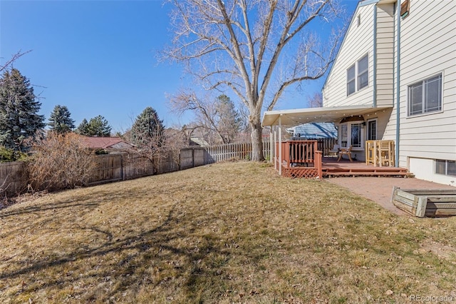 view of yard featuring a deck and a fenced backyard