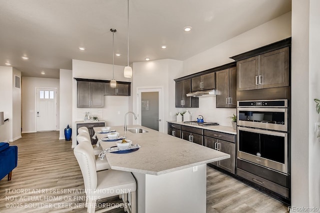 917 W 129th Pl, Denver, CO 80234 - kitchen with light wood-style flooring, dark brown cabinetry, appliances with stainless steel finishes, a sink, and a center island with sink