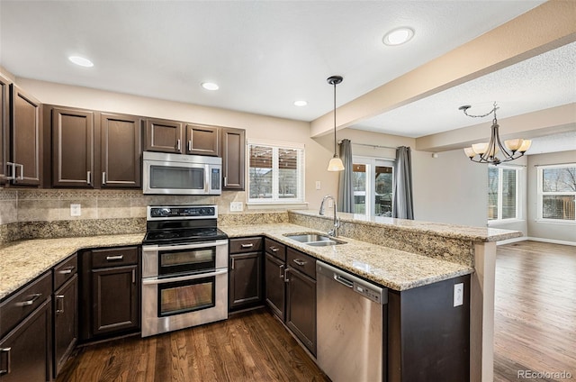 kitchen featuring sink, decorative light fixtures, kitchen peninsula, and appliances with stainless steel finishes