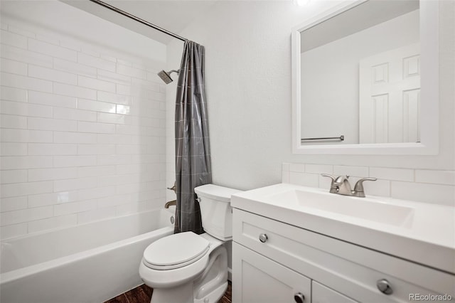 full bathroom featuring shower / bath combination with curtain, decorative backsplash, hardwood / wood-style flooring, vanity, and toilet