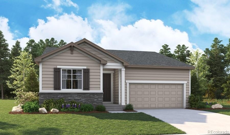 view of front of home with concrete driveway, stone siding, a front yard, and a garage