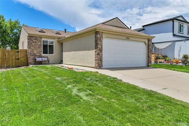 5056 E 112th Ct, Thornton, CO 80233 - ranch-style home featuring stone siding, stucco siding, a shingled roof, a garage, and driveway