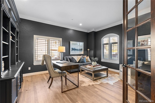 office space featuring recessed lighting, light wood-type flooring, baseboards, and ornamental molding