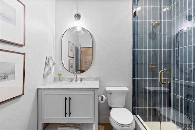 bathroom with vanity, toilet, a shower stall, and a textured wall