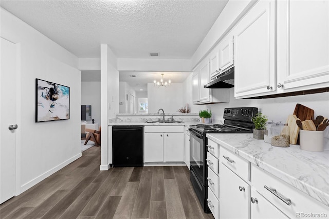 7220 S Gaylord St Unit G17, Littleton, CO 80122 - kitchen featuring black appliances, under cabinet range hood, a sink, dark wood finished floors, and a chandelier