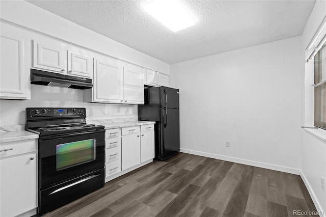 7220 S Gaylord St Unit G17, Littleton, CO 80122 - kitchen featuring black appliances, under cabinet range hood, a textured ceiling, dark wood finished floors, and white cabinetry