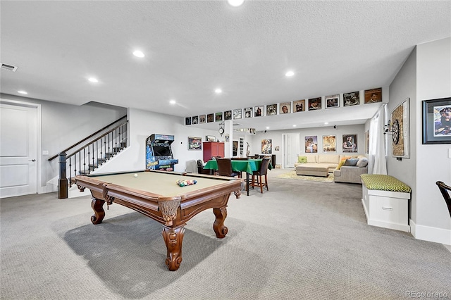 playroom featuring carpet floors, billiards, a textured ceiling, and recessed lighting