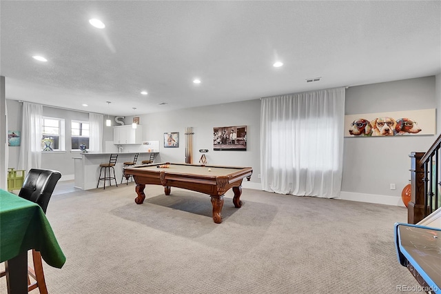 playroom featuring recessed lighting, baseboards, and light colored carpet