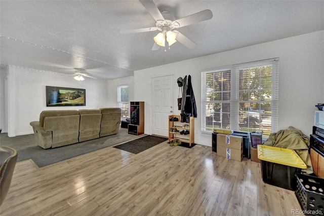 2279 S Lewiston St, Aurora, CO 80013 - living room featuring a ceiling fan and wood finished floors