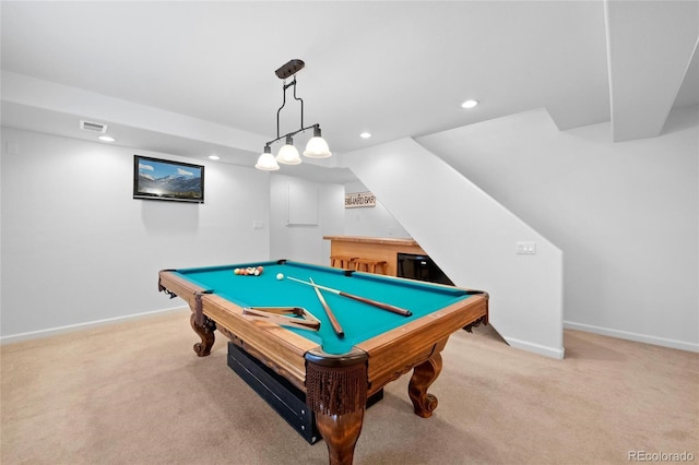 playroom with billiards and light carpet