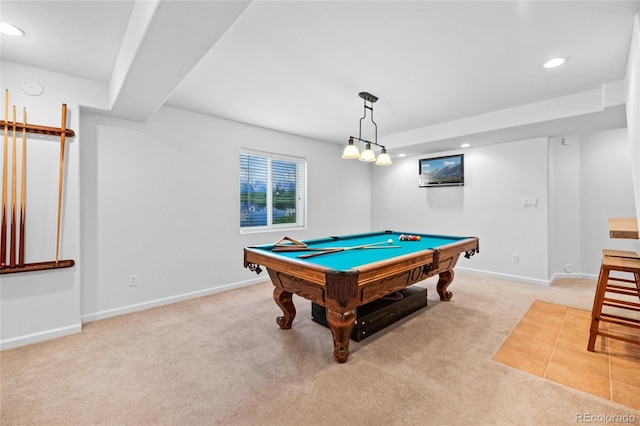 recreation room with billiards and light colored carpet